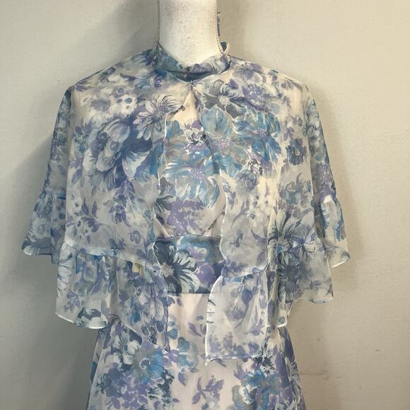 Vintage 70's Lorrie Deb Dress & Cape size 13/14 Blue Floral Bridesmaid Wedding - Picture 4 of 16